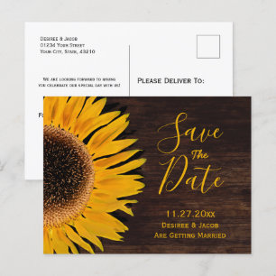 Rustic Yellow Brown Wood Sunflower Save The Date Announcement Postcard
