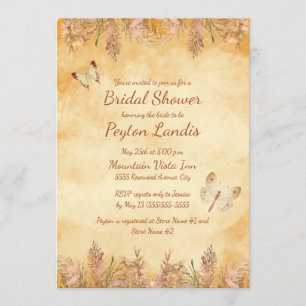 Rustic Yellow Butterflies Pampas Bridal Shower Invitation
