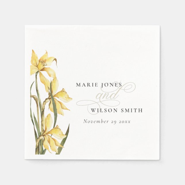 Rustic Yellow Daffodil Floral Watercolor Wedding Napkin (Front)