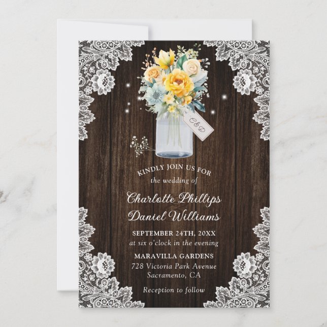 Rustic Yellow Dusty Blue Floral Wedding Invitation (Front)