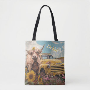 Rustic Yellow Farm Truck & Highland Cow Customise  Tote Bag