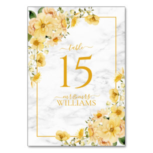 Rustic Yellow Floral Marble Reception Wedding Table Number