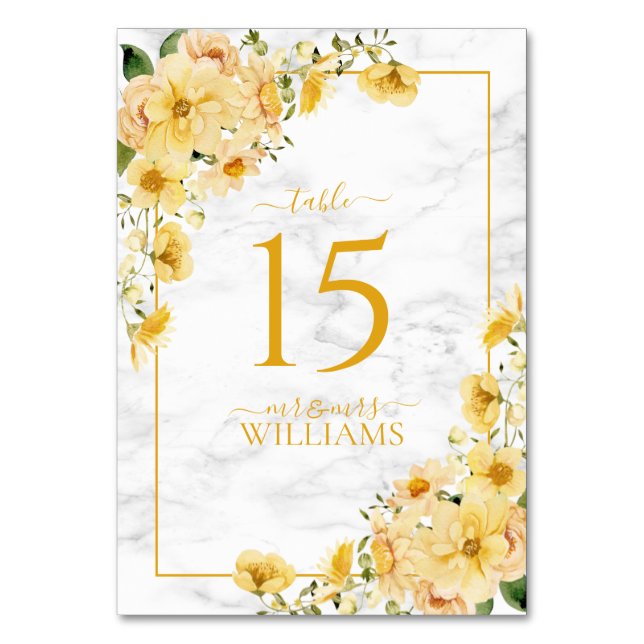 Rustic Yellow Floral Marble Reception Wedding Table Number (Front)