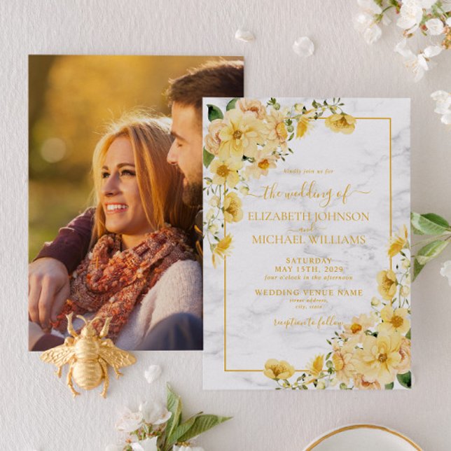Rustic Yellow Floral Marble Script Photo Wedding Invitation (Creator Uploaded)