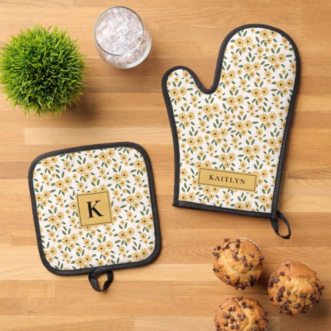 Rustic Yellow Floral Monogram Name Oven Mitt & Pot Holder Set (Top Down)