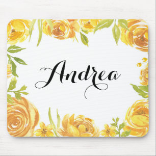 Rustic Yellow Flowers Floral Frame Script Mouse Pad