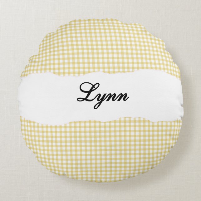 Rustic Yellow Gingham Personalised Name Round Cushion (Front)
