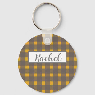 Rustic Yellow Grey Gingham Key Ring