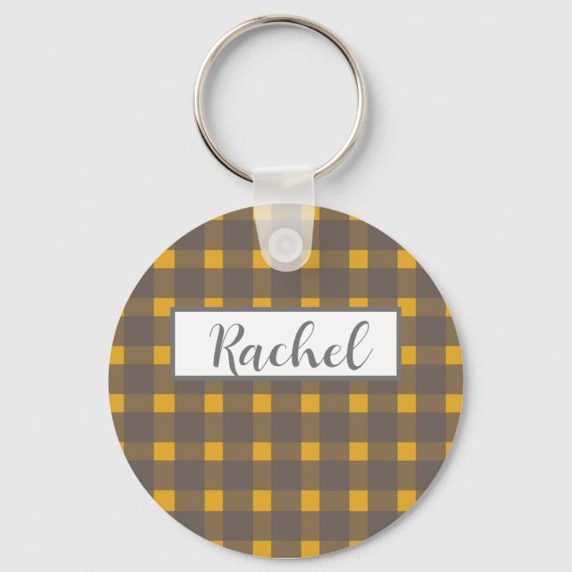 Rustic Yellow Grey Gingham  Key Ring (Front)