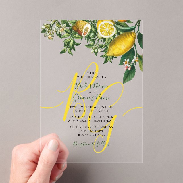 Rustic Yellow Lemon & Foliage Greenery Wedding Acrylic Invitations (Insitu (Handheld))