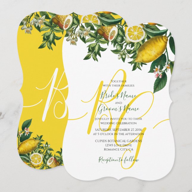 Rustic Yellow Lemon & Foliage Greenery Wedding Invitation (Front/Back)