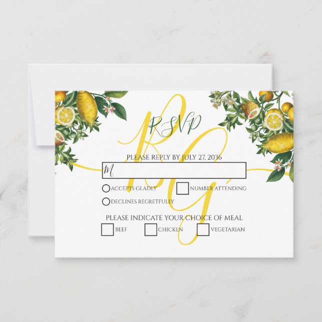 Rustic Yellow Lemon & Foliage Greenery Wedding RSVP Card (Front)