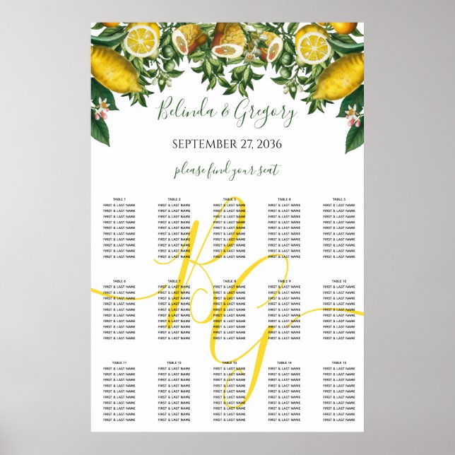 Rustic Yellow Lemon Greenery Wedding Seating Chart (Front)