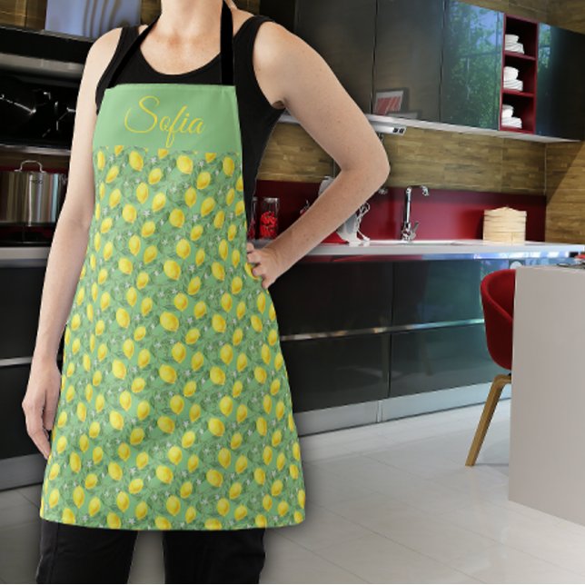 Rustic yellow lemon watercolor green pattern apron (Creator Uploaded)