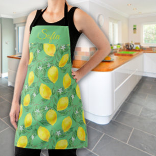 Rustic yellow lemon watercolor green pattern apron