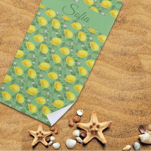 Rustic yellow lemon watercolor pattern green beach towel (Creator Uploaded)