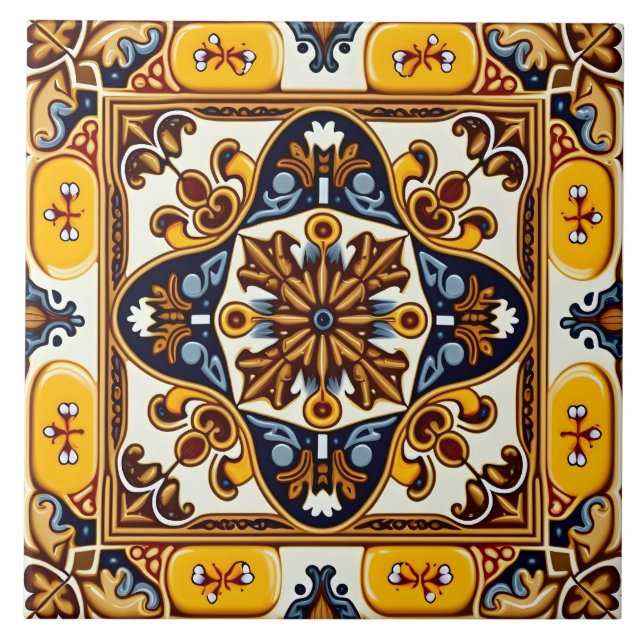 Rustic Yellow Navy Blue Spanish Majolica Tile (Front)