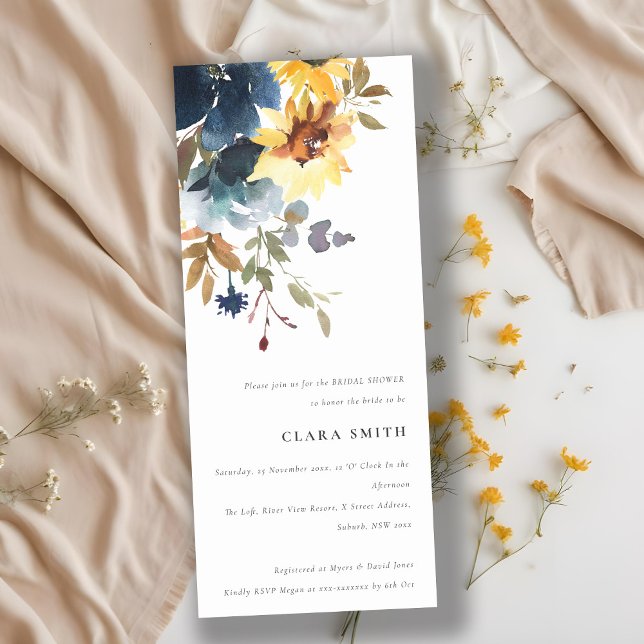 Rustic Yellow Navy Sunflower Floral Bridal Shower Invitation (Creator Uploaded)