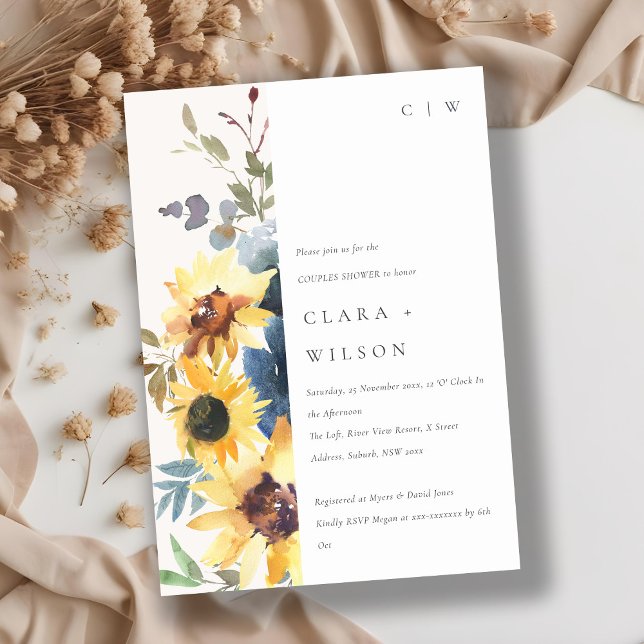 Rustic Yellow Navy Sunflower Floral Couples Shower Invitation (Creator Uploaded)