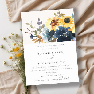 Rustic Yellow Navy Sunflowers Floral Engagement Invitation