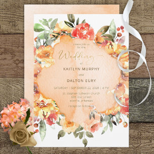Rustic Yellow Orange & Peach Roses Wedding Invitation