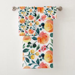 Rustic Yellow Orange Watercolor Flowers Pattern Bath Towel Set