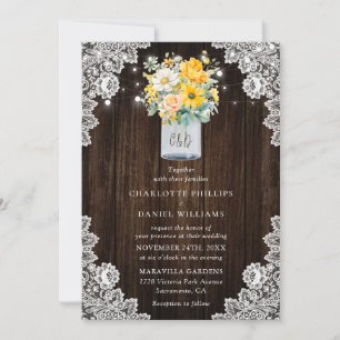 Rustic Yellow Peach Floral Mason Jar Wood Wedding Invitation