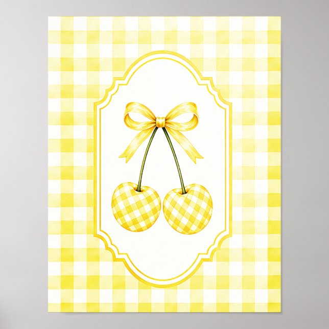 Rustic Yellow Plaid Gingham Cherry Illustration  Poster (Front)