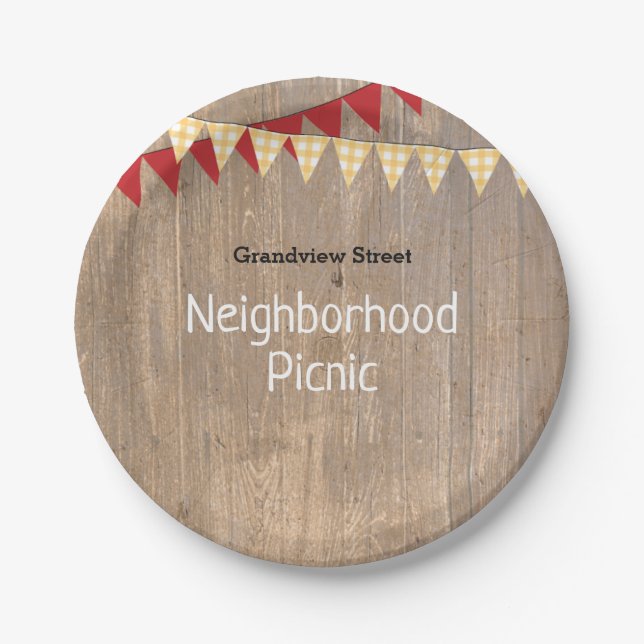 Rustic Yellow Plaid Neighbourhood Picnic Paper Plate (Front)