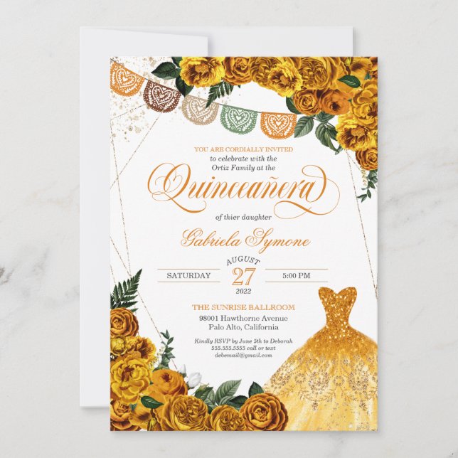Rustic Yellow Rose Glitter Gown Fiesta Quinceañera Invitation (Front)