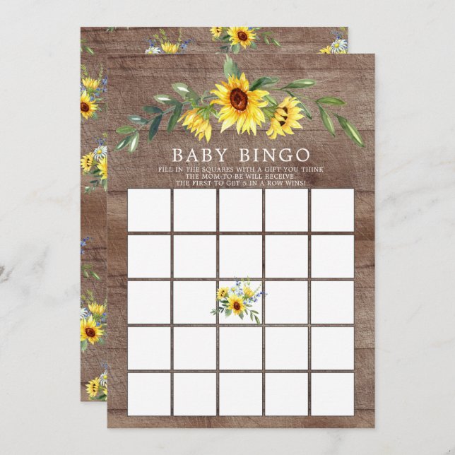 Rustic Yellow Sunflower BINGO Baby Shower Game Invitation (Front/Back)