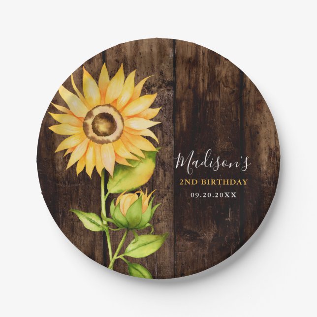 Rustic Yellow Sunflower Birthday Party Paper Plate (Front)