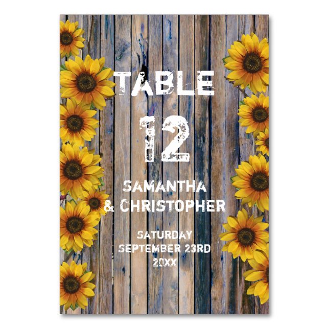 Rustic yellow sunflower country floral wedding table number (Front)