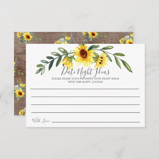 Rustic Yellow Sunflower Date Night Ideas Card (Front/Back)