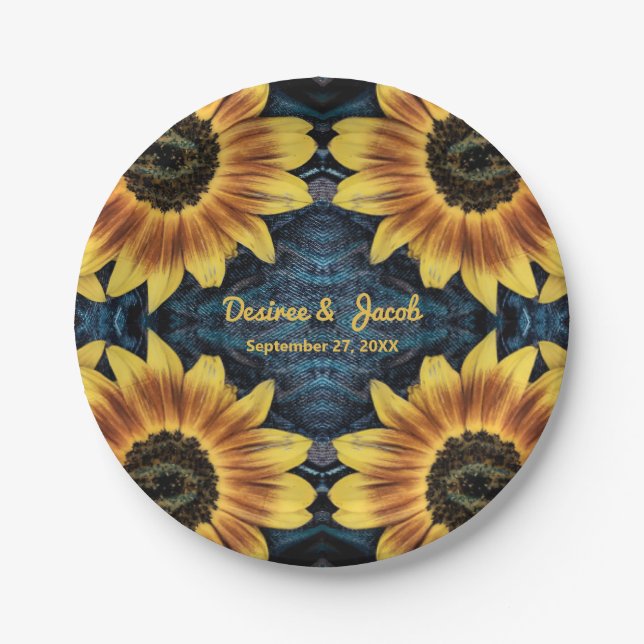 Rustic Yellow Sunflower Denim Blue Jeans Wedding  Paper Plate (Front)