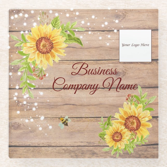 Rustic Yellow Sunflower Gradient Custom Business Glass Coaster (Front)