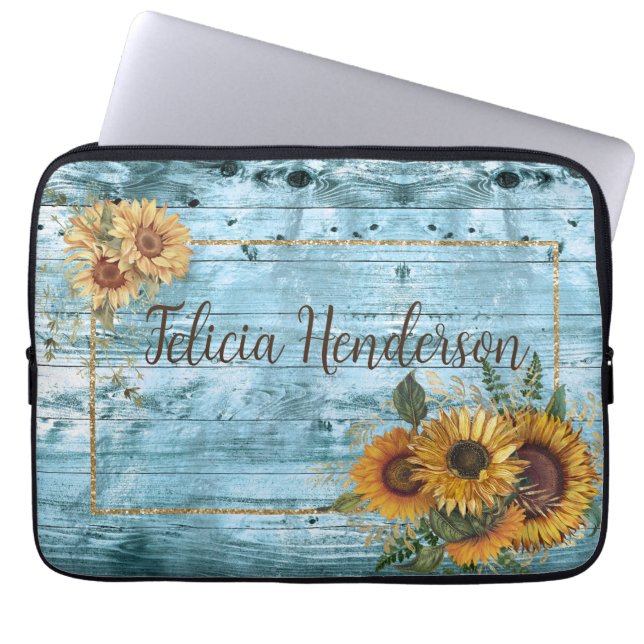Rustic Yellow Sunflower Name  Laptop Sleeve (Front)