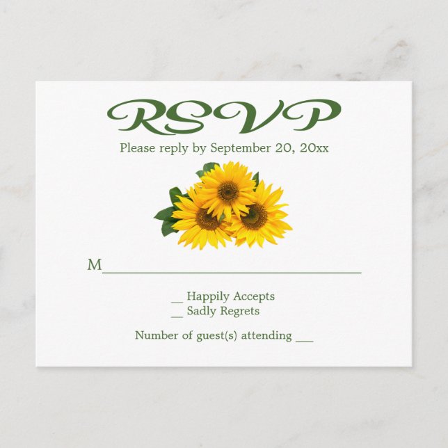 Rustic Yellow Sunflower RSVP Floral Green Wedding Invitation Postcard (Front)