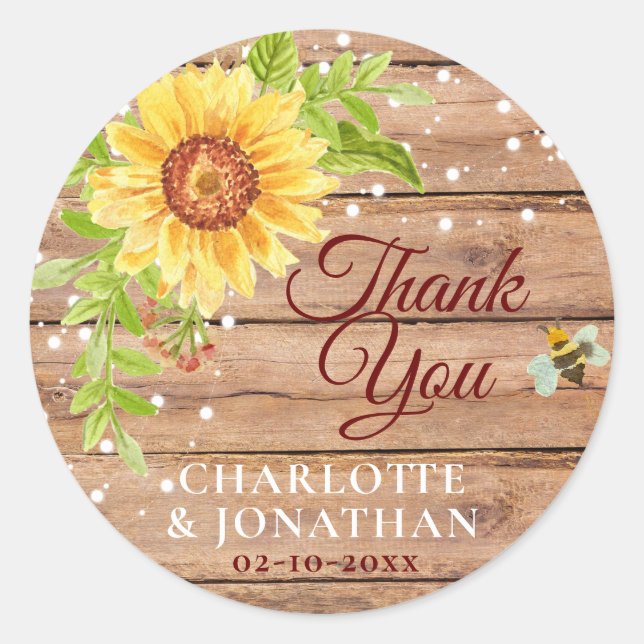 Rustic Yellow Sunflower Thank You Classic Round Sticker (Front)