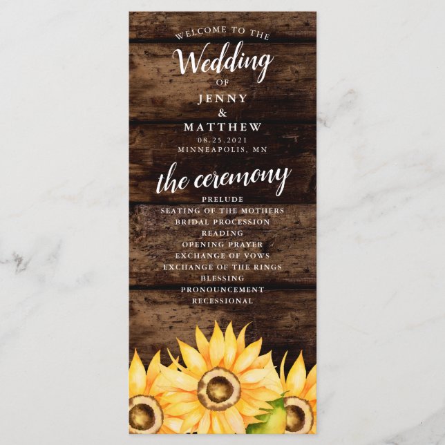 Rustic Yellow Sunflower Theme Wedding Programme (Front)
