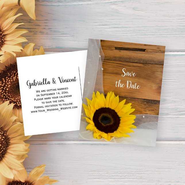 Rustic Yellow Sunflower Veil Wedding Save the Date Announcement Postcard (Creator Uploaded)