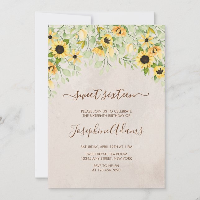 Rustic Yellow Sunflower Watercolor Sweet Sixteen Invitation (Front)