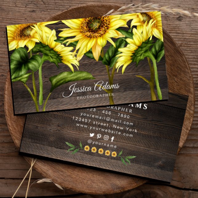Rustic Yellow Sunflower Watercolor Wooden  Business Card (Rustic Yellow Sunflower Watercolor Wooden Business Card,#sunflower #handpaintedsunflower #watercolor)