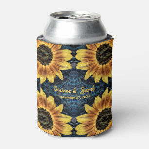 Rustic Yellow Sunflower Wedding Denim Blue Jeans Can Cooler