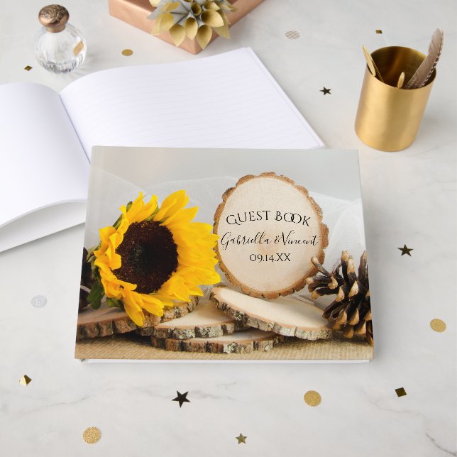 Rustic Yellow Sunflower Woodland Wedding Guest Book (Front Open)