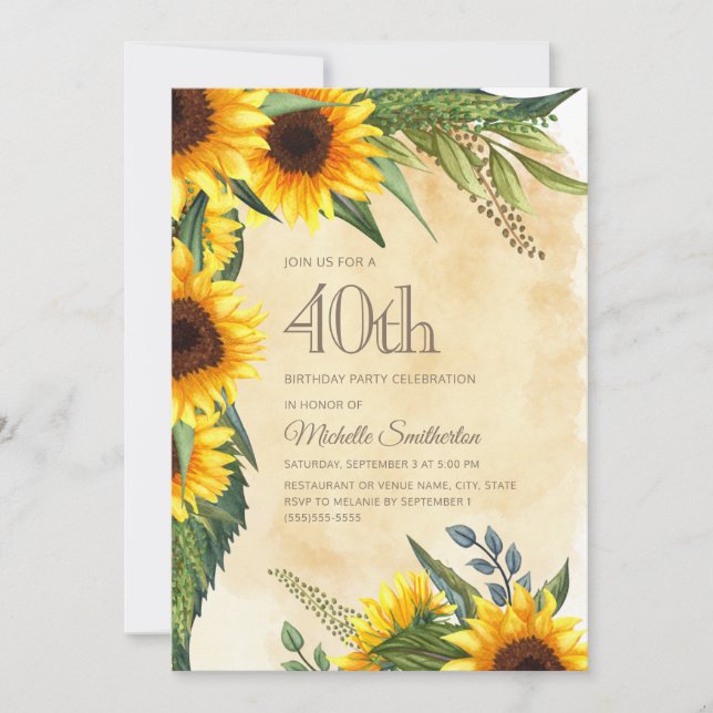 Rustic Yellow Sunflowers 40th Birthday Invitation (Front)
