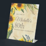 Rustic Yellow Sunflowers 80th Birthday Pedestal Sign<br><div class="desc">Rustic yellow and brown sunflowers with beautiful green leaves 80th birthday party welcome sign for women.  Contact me for assistance with your customisation or to request matching products</div>