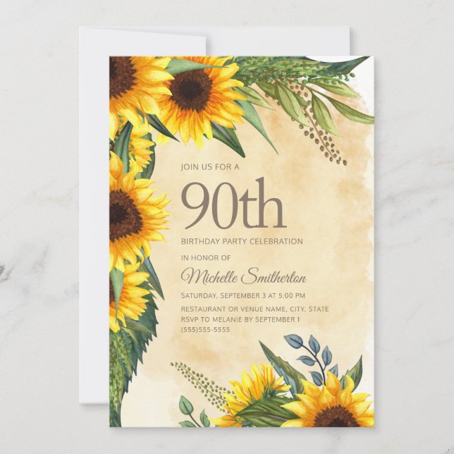 Rustic Yellow Sunflowers 90th Birthday Invitation (Front)