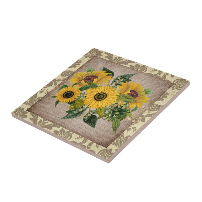 Rustic Yellow Sunflowers Burlap Vintage Damask Tile (Side)