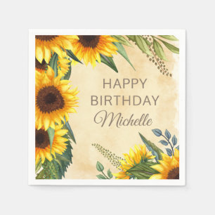 Rustic Yellow Sunflowers Custom Happy Birthday Napkin